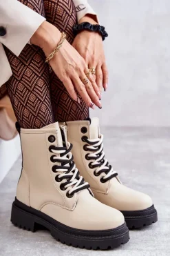 Damskie Skórzane Botki Workery Jasnobeżowe Denila