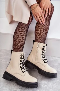 Damskie Skórzane Botki Workery Jasnobeżowe Denila