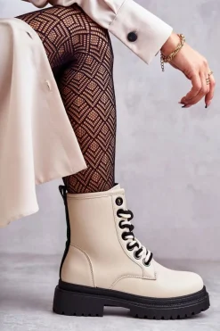 Damskie Skórzane Botki Workery Jasnobeżowe Denila