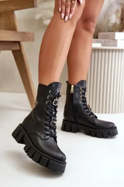 Damskie Skórzane Botki Workery Z Przypinkami CheBello 4247 Czarne