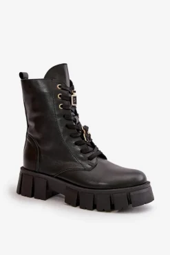 Damskie Skórzane Botki Workery Z Przypinkami CheBello 4247 Czarne