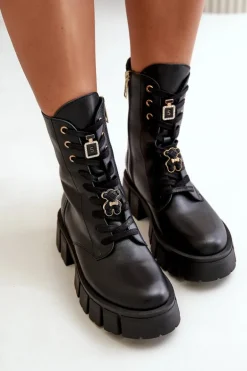 Damskie Skórzane Botki Workery Z Przypinkami CheBello 4247 Czarne