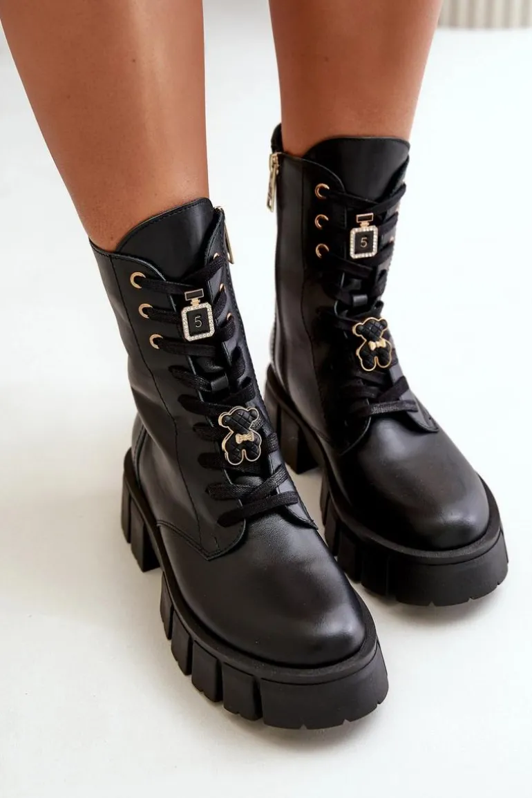 Damskie Skórzane Botki Workery Z Przypinkami CheBello 4247 Czarne