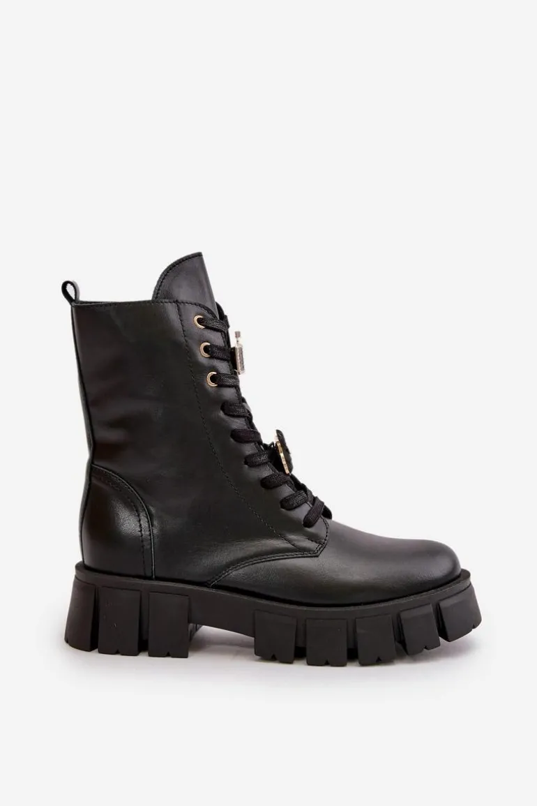 Damskie Skórzane Botki Workery Z Przypinkami CheBello 4247 Czarne