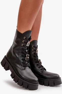 Damskie Skórzane Botki Workery Z Przypinkami CheBello 4247 Czarne