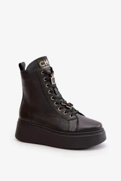 Damskie Skórzane Botki Workery Z Przypinkami Czarne CheBello 4294