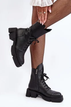 Damskie Skórzane Botki Workery Na Masywnym Płaskim Obcasie Zazoo 976A Czarne