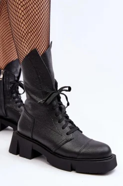 Damskie Skórzane Botki Workery Na Masywnym Płaskim Obcasie Zazoo 976A Czarne