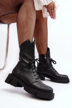 Damskie Skórzane Botki Workery Na Masywnym Płaskim Obcasie Zazoo 976A Czarne