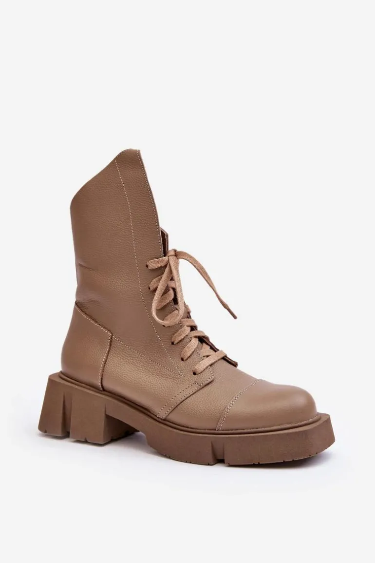Damskie Skórzane Botki Workery Na Masywnym Płaskim Obcasie Zazoo 976A Ciemnobeżowe