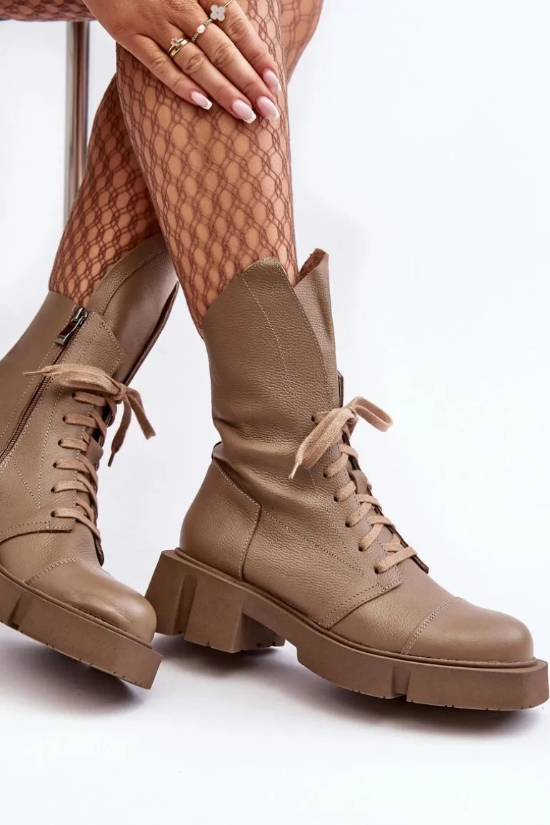 Damskie Skórzane Botki Workery Na Masywnym Płaskim Obcasie Zazoo 976A Ciemnobeżowe