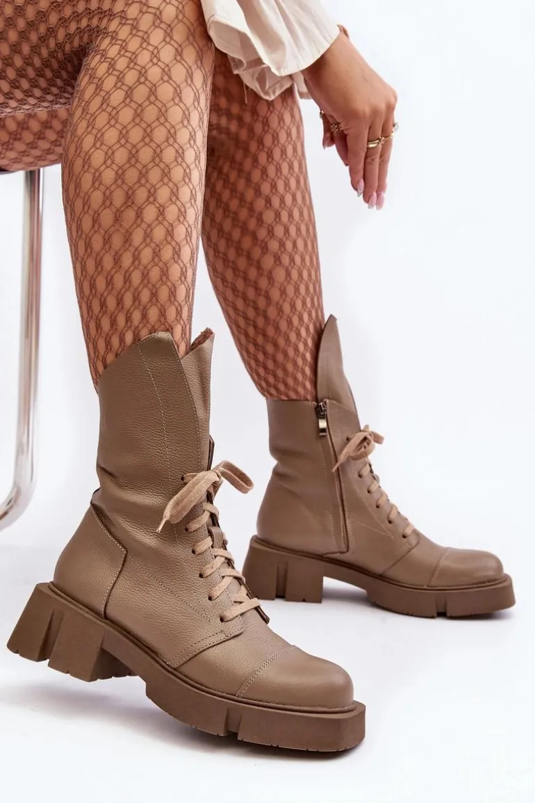 Damskie Skórzane Botki Workery Na Masywnym Płaskim Obcasie Zazoo 976A Ciemnobeżowe