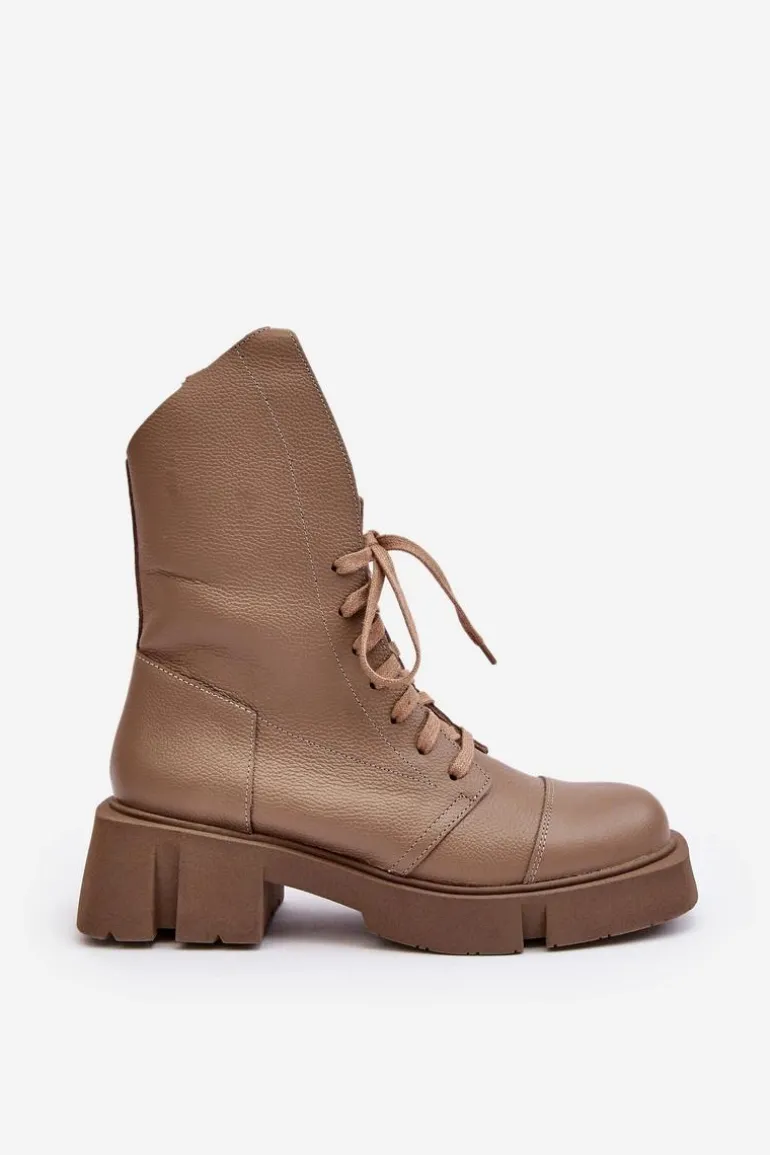 Damskie Skórzane Botki Workery Na Masywnym Płaskim Obcasie Zazoo 976A Ciemnobeżowe