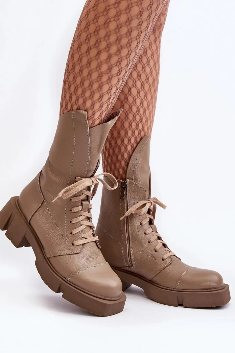 Damskie Skórzane Botki Workery Na Masywnym Płaskim Obcasie Zazoo 976A Ciemnobeżowe