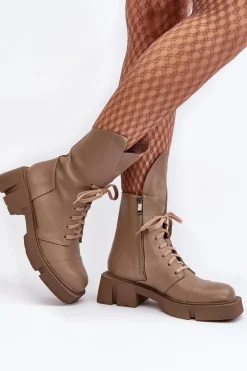 Damskie Skórzane Botki Workery Na Masywnym Płaskim Obcasie Zazoo 976A Ciemnobeżowe