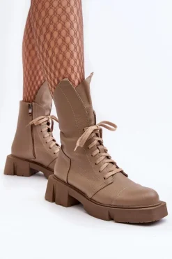 Damskie Skórzane Botki Workery Na Masywnym Płaskim Obcasie Zazoo 976A Ciemnobeżowe