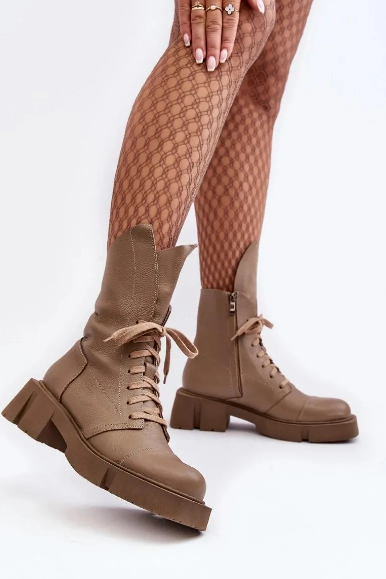 Damskie Skórzane Botki Workery Na Masywnym Płaskim Obcasie Zazoo 976A Ciemnobeżowe