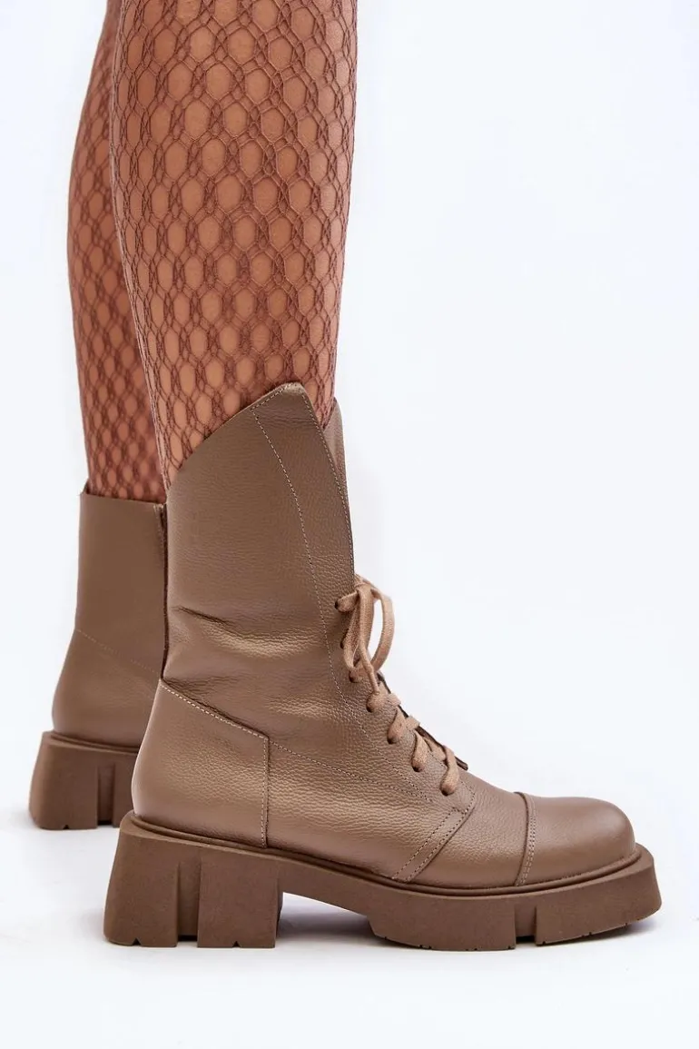 Damskie Skórzane Botki Workery Na Masywnym Płaskim Obcasie Zazoo 976A Ciemnobeżowe