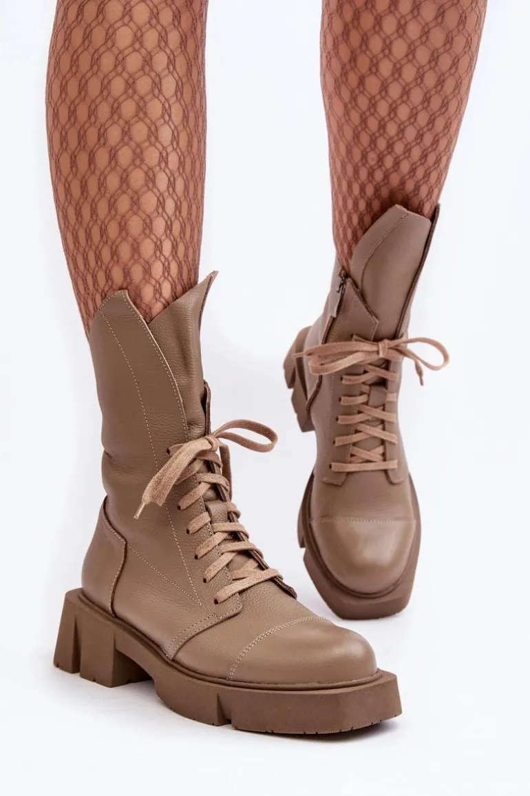 Damskie Skórzane Botki Workery Na Masywnym Płaskim Obcasie Zazoo 976A Ciemnobeżowe