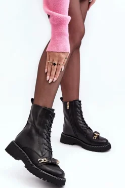 Damskie Skórzane Botki Workery Z Ozdobą Czarne S.Barski MR870-68