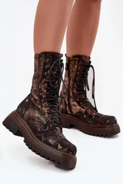 Damskie Skórzane Botki Workery Maciejka 06203-32 Brązowo-Złote