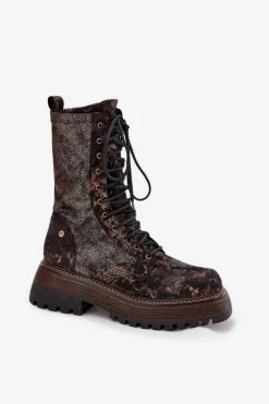 Damskie Skórzane Botki Workery Maciejka 06203-32 Brązowo-Złote