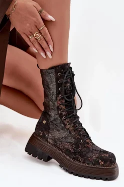 Damskie Skórzane Botki Workery Maciejka 06203-32 Brązowo-Złote