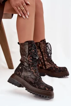 Damskie Skórzane Botki Workery Maciejka 06203-32 Brązowo-Złote