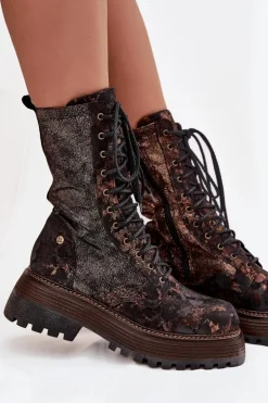 Damskie Skórzane Botki Workery Maciejka 06203-32 Brązowo-Złote