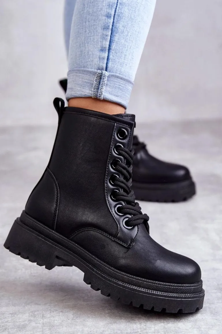 Damskie Skórzane Botki Workery Czarne Denila