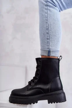 Damskie Skórzane Botki Workery Czarne Denila