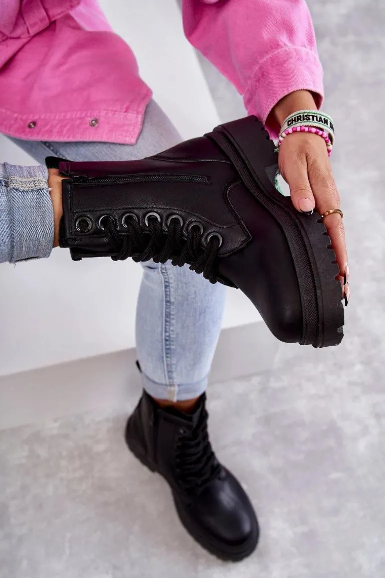 Damskie Skórzane Botki Workery Czarne Denila