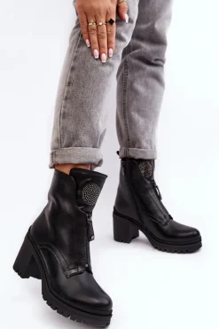 Damskie Skórzane Botki Z Dżetami Czarne Rosie