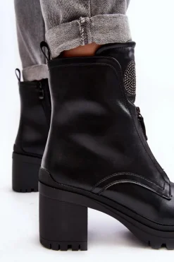Damskie Skórzane Botki Z Dżetami Czarne Rosie