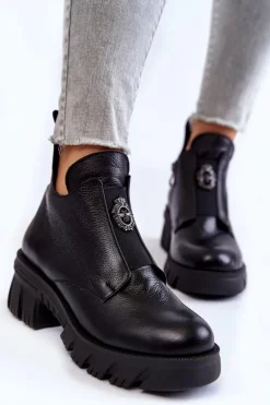 Damskie Skórzane Botki Z Ozdobą Czarne Maley