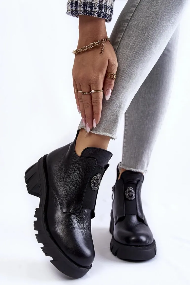 Damskie Skórzane Botki Z Ozdobą Czarne Maley