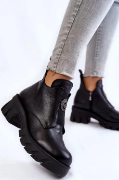 Damskie Skórzane Botki Z Ozdobą Czarne Maley