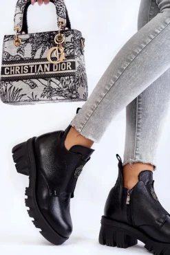 Damskie Skórzane Botki Z Ozdobą Czarne Maley