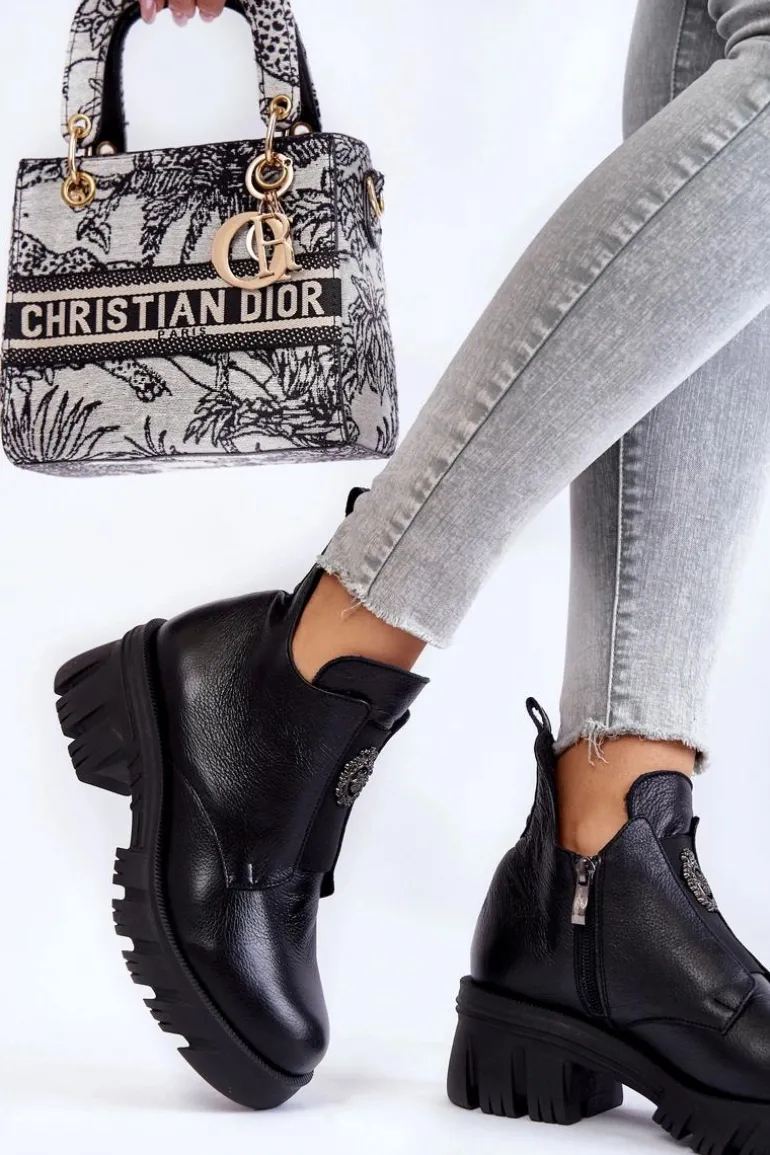 Damskie Skórzane Botki Z Ozdobą Czarne Maley