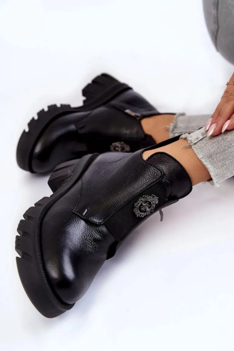 Damskie Skórzane Botki Z Ozdobą Czarne Maley