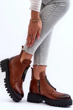 Damskie Skórzane Botki Z Ozdobą Brązowe Lemar Lusanna