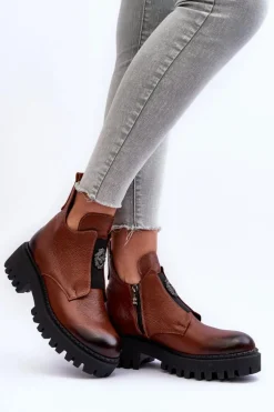 Damskie Skórzane Botki Z Ozdobą Brązowe Lemar Lusanna