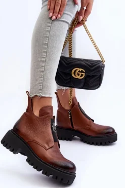 Damskie Skórzane Botki Z Ozdobą Brązowe Lemar Lusanna