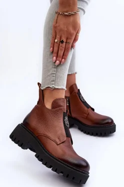 Damskie Skórzane Botki Z Ozdobą Brązowe Lemar Lusanna