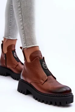 Damskie Skórzane Botki Z Ozdobą Brązowe Lemar Lusanna