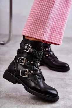 Damskie Skórzane Botki Z Ozdobnymi Paskami Czarne Russo