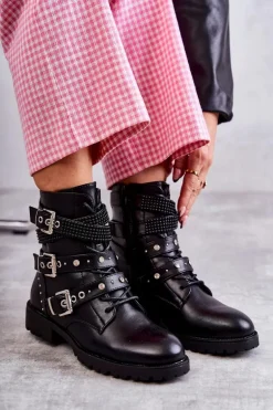 Damskie Skórzane Botki Z Ozdobnymi Paskami Czarne Russo