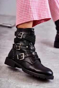 Damskie Skórzane Botki Z Ozdobnymi Paskami Czarne Russo