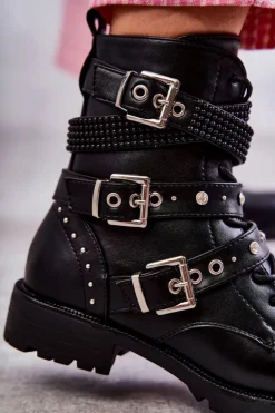 Damskie Skórzane Botki Z Ozdobnymi Paskami Czarne Russo