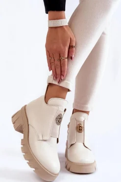 Damskie Skórzane Botki Z Ozdobą Jasnobeżowe Lemar Maley